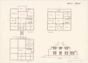 Architekten-Wohnhaus: Grundrisse EG, OG, UG, Ostansicht