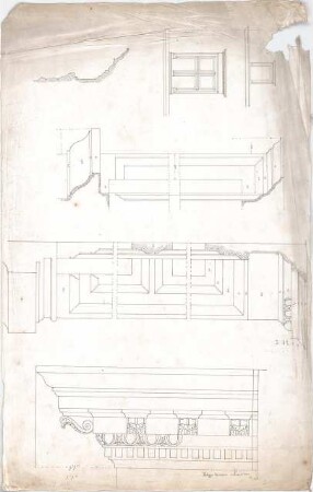 Stegmann, Carl von; Italien; Bauaufnahmen - Gesims, Palazzo Corner (Ansicht, Teilansicht, Schnitte, Deatil)