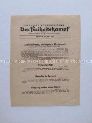 Nachrichtenblatt der sächsischen NSDAP-Zeitung "Der Freiheitskampf" mit einer Debatte über Indien des britischen Paralaments
