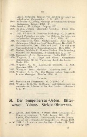M. Der Tempelherren-Orden. Ritterwesen. Vehme. Stricte Observanz