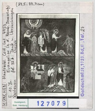 München, Staatsbibliothek: Clm 4453, sog. Evangeliar Ottos III., fol. 32b: Taufe und Versuchung Christi