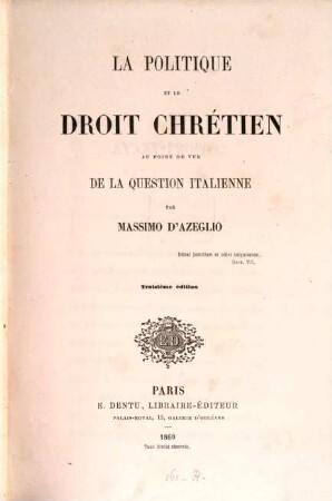 La politique et le droit chrètien au point de une de la question italienne