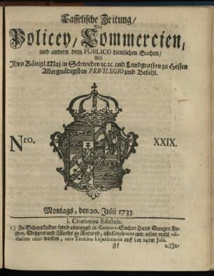 Nro. XXIX, Montags, den 20. Julii 1733