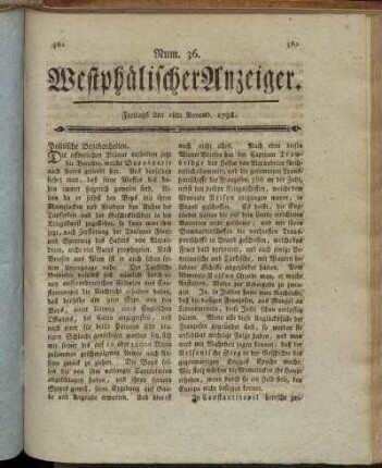 Num. 36. Freitags den 2ten Novemb. 1798. - Num. 38 Freitags den 9ten Novemb. 1798.