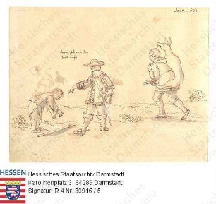 Jagd, Niddaer Sauhatz / Bild 5: Bei der Jagd / Szenenbild, Landgraf Philipp v. Hessen-Butzbach (1581-1643), einen Jungen auffordernd, ihm den Stock aufzuheben, daneben Treiber, ein Stück Rehwild schleppend