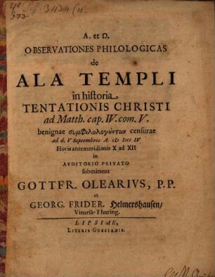 Observationes Philologicas de Ala Templi in historia Tentationis Christi ad Matth. IV. com, V