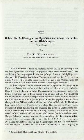 VIII. Ueber die Auflösung eines Systemes von unendlich vielen linearen Gleichungen. (2. Artikel.)