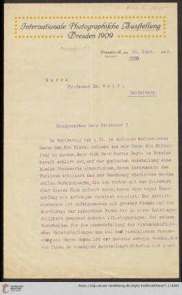 Brief von Internationale Photographische Ausstellung Dresden an Max Wolf: Brief von Internationale Photographische Ausstellung (Dresden) an Max Wolf : mit Antwortentwurf von Max Wolf