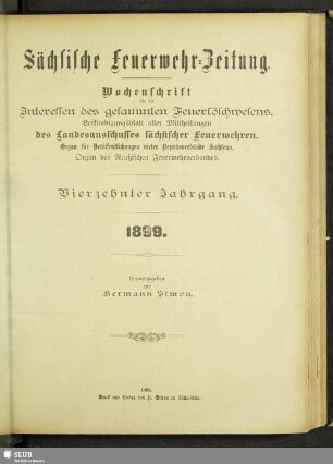 14.1899: Sächsische Feuerwehr-Zeitung : Verbandsorgan des Landesverbandes Sächs. Feuerwehren