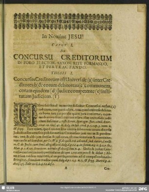 Caput I. De Concursu Creditorum In Foro Elector. Saxon. Rite Formando, Et Pertractando