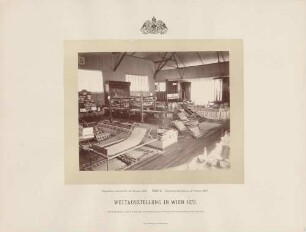 Innenansicht der "Gallerie III" des Sanitäts-Pavillons bei der Weltausstellung in Wien