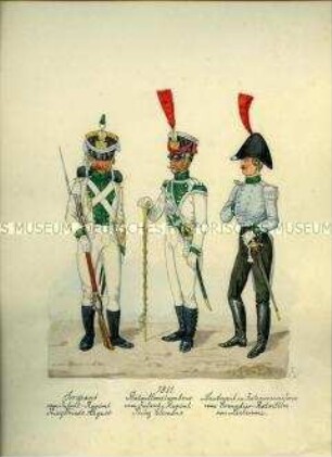 Uniformdarstellung, Sergeant und Bataillonstambour, Infanterie-Regimenter, Leutnant in Interimsuniform, Grenadier-Bataillon, Sachsen, 1811.