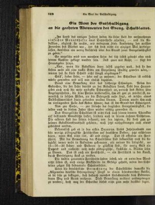 ¬Ein¬ Wort der Entschuldigung an die geehrten Abonnenten des Evang. Schulblattes