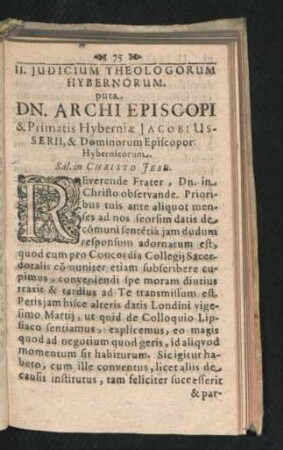 II. Iudicium Theologorum Hybernorum. Dn. Archi Episcopi ... Jacobi Userii ...