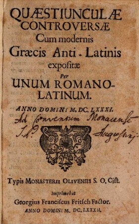 Quaestiunculae controversae cum modernis Graecis Anti-Latinis