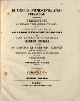 De venarum intumescentia atque pulsatione : Diss. inaug. physiol. pathol. c. tab.