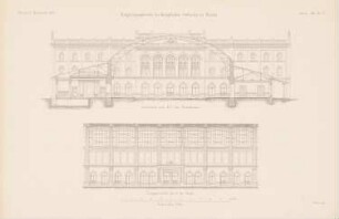 Königliche Ostbahn. Ostbahnhof, Berlin: Querschnitt EF, Längsschnitt durch die Halle (aus: Atlas zur Zeitschrift für Bauwesen, hrsg. v. G. Erbkam, Jg. 20, 1870)