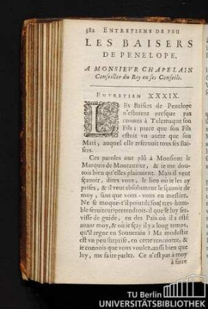 Entretiens De Feu Les Baisers De Penelope. A Monsievr Chapelain Conseiller du Roy en fes ses Conseils. Entretien XXXIX.