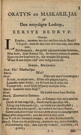 Oratyn En Maskariljas, Of Den ontydigen Loskop : Blyspel ; Vertoont op d'Amsterdamsche Schouwburg