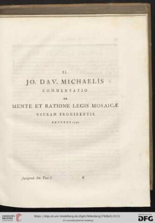 II. Jo. Dav. Michaelis: Commentatio de Mente et Ratione Legis Mosaicæ usuram prohibentis