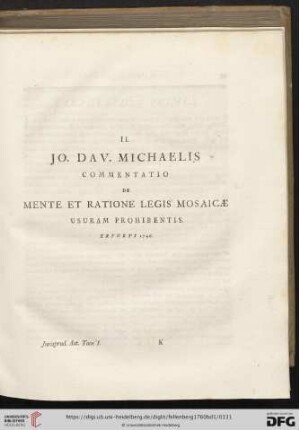 II. Jo. Dav. Michaelis: Commentatio de Mente et Ratione Legis Mosaicæ usuram prohibentis