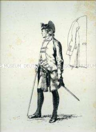 Uniformdarstellung, Offizier vom Infanterie-Regiment No. 22, Preußen, um 1786. Probedruck aus Menzel: Die Armee Friedrich's des Großen.