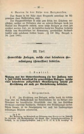 III. Theil. Gewerbliche Anlagen, welche einer besonderen Genehmigung (Concession) bedürfen.