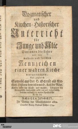 Dogmatischer und Kirchen-Historischer Unterricht [...].