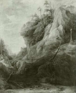 Landschaft mit einem Reiter in einsamer Felsenschlucht