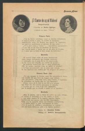 ¡El Cantar de aquel Malevo! : Tango canción. Creación de Rosita Quiroga. Grabado en disco "Victor".