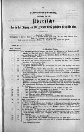 Übersicht der in der Sitzung gefaßten Beschlüsse u.s.w. (69.), 13. Februar 1907