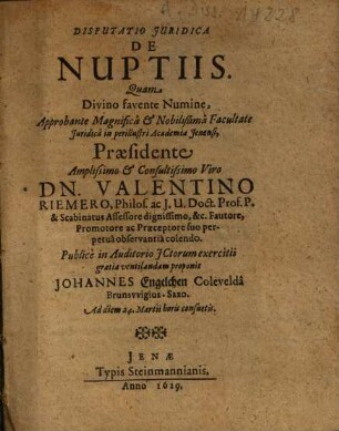 Disputatio Iuridica De Nuptiis