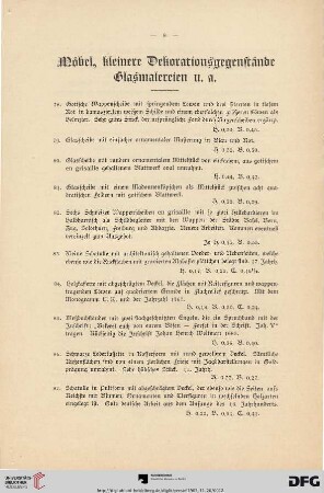 Möbel, kleinere Dekorationsgegenstände, Glasmalereien u. a. (Nr. 78-138)