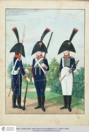 Abbildung Des Gros[s]herzoglich Hessischen Militair. [Tafel 27: Garde du Corps; Infanteristen in Lagerkleidung]. S.l.e.a. [ca. 1813/14]