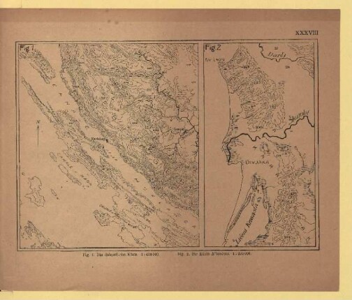 XXXVIII. Fig. 1. Die dalmatische Küste. 1 : 400 000. Fig. 2. Die Küste Albaniens. 1 : 200 000