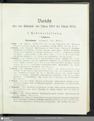 Bericht über das Schuljahr von Ostern 1883 bis Ostern 1884