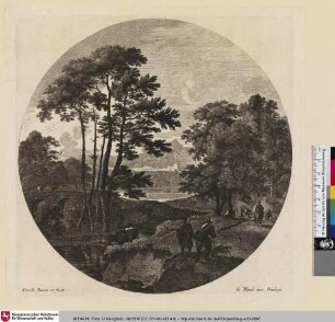 [Waldlandschaft mit Wanderern und einer Brücke]
