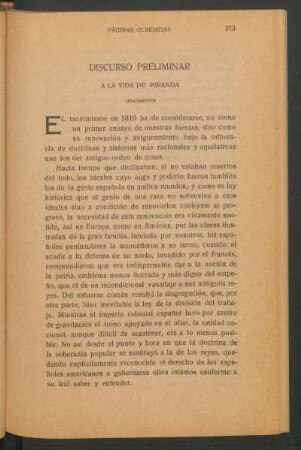 Discurso preliminar a la vida de Miranda : (Fragmento)