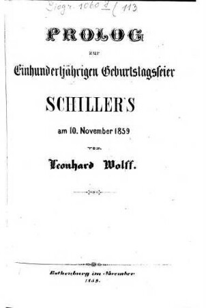 Prolog zur Einhundertjährigen Geburtstagsfeier Schiller's am 10. November 1859