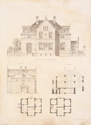 Eisenbahn-Post-Expeditionsgebäude: Grundriss EG, 1. OG, Ansicht, Seitenansicht (aus: Architektonisches Skizzenbuch, H. 84/2, 1867)