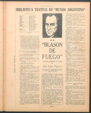 "Blasón de fuego" : Biblioteca teatral de "Mundo Argentino"