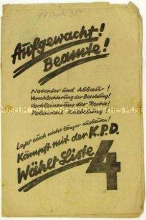 Aufruf der KPD an Beamte zur Reichstagswahl 1930