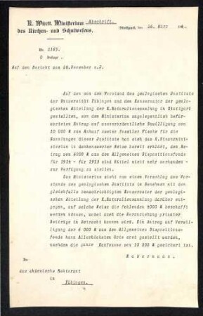 Abschrift Bericht über Zahlungsvereinbarung zum Erwerb zweier fossiler Fische (Gattung Chondrosteus)