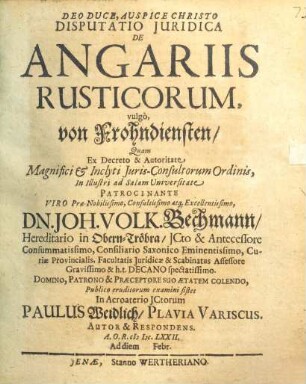 Disputatio Juridica De Angariis Rusticorum, vulgò, von Frohndiensten