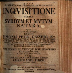 Diss. iur. inaug. de inquisitione contra surdum et mutum natura