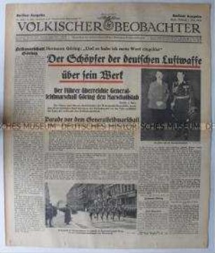 Tageszeitung "Völkischer Beobachter" über Göring und die Aufrüstung der deutschen Luftwaffe