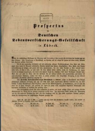 Prospectus der Deutschen Lebensversicherungs-Gesellschaft in Lübeck