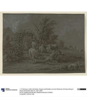 Hirten mit Kühen, Ziegen und Schafen an einem Brunnen mit Wassertrog in einer Landschaft