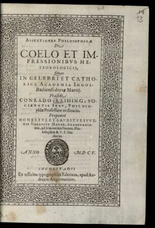 Assertiones Philosophicae De Coelo Et Impressionibvs Meteorologicis