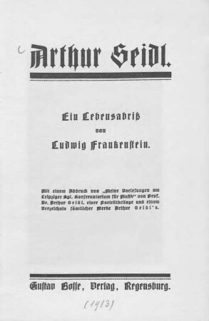 Arthur Seidl : ein Lebensabriß